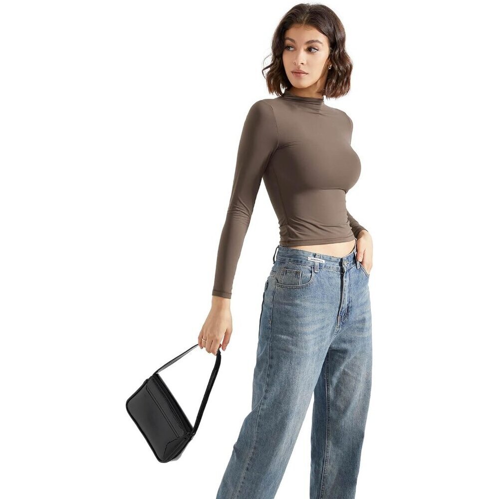 Women Double Lined Mock Turtle Neck Long Sleeve Fitted Y2K Crop Top - Picture 5 of 7